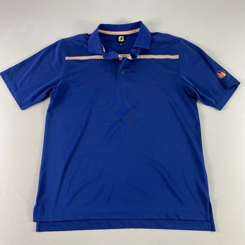 FootJoy Polo‎ Shirt Mens Medium Blue Golf Performance Orange Stripe Short Sleeve